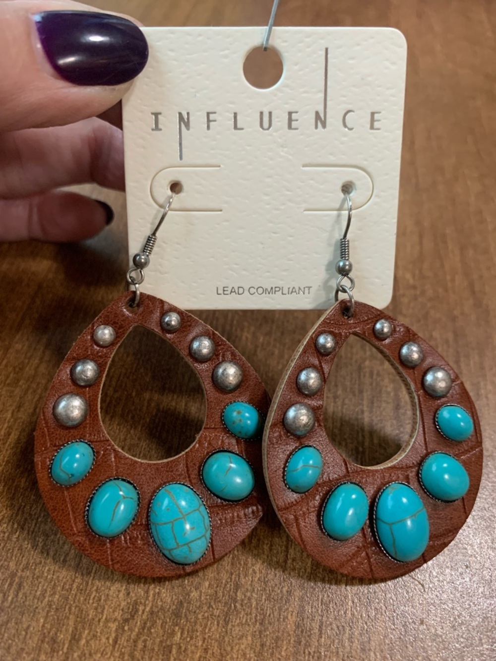 Influence Brown Leather Teardrop Earrings with Turquoise Accents